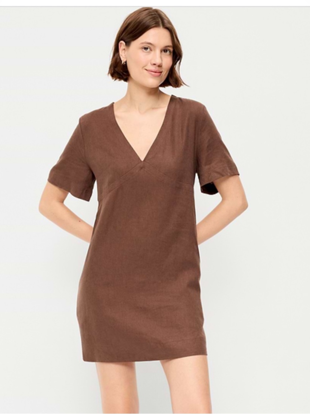 Old Navy Brown Short-Sleeve V-Notch Linen-Blend Dress